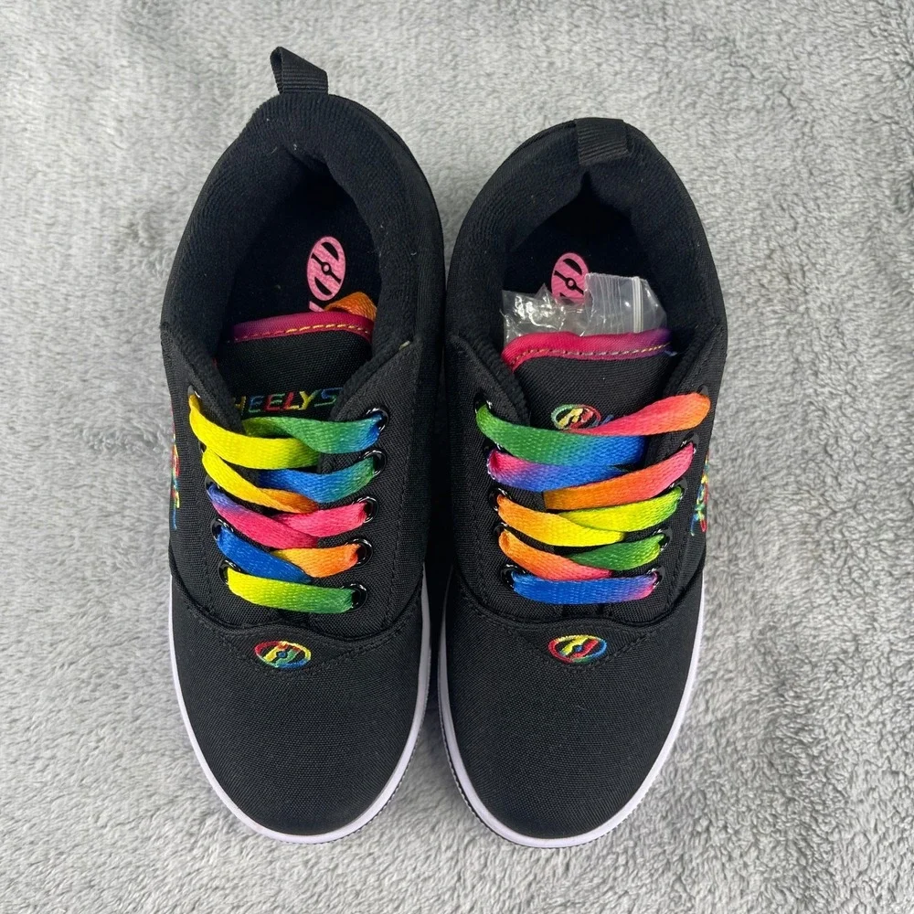 Heelys Skate Shoes Girls Size Yth 13c Solid Black Rainbow Logo Black Wheels